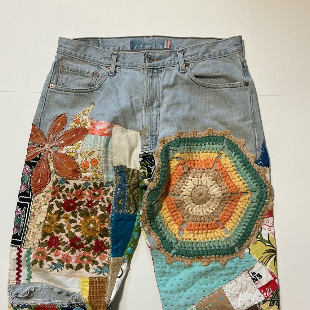 Vintage Levi’s OOAK Patchwork Reworked Upcycle 1 Of 1 Hippie Custom Denim Jeans - Picture 3 of 6